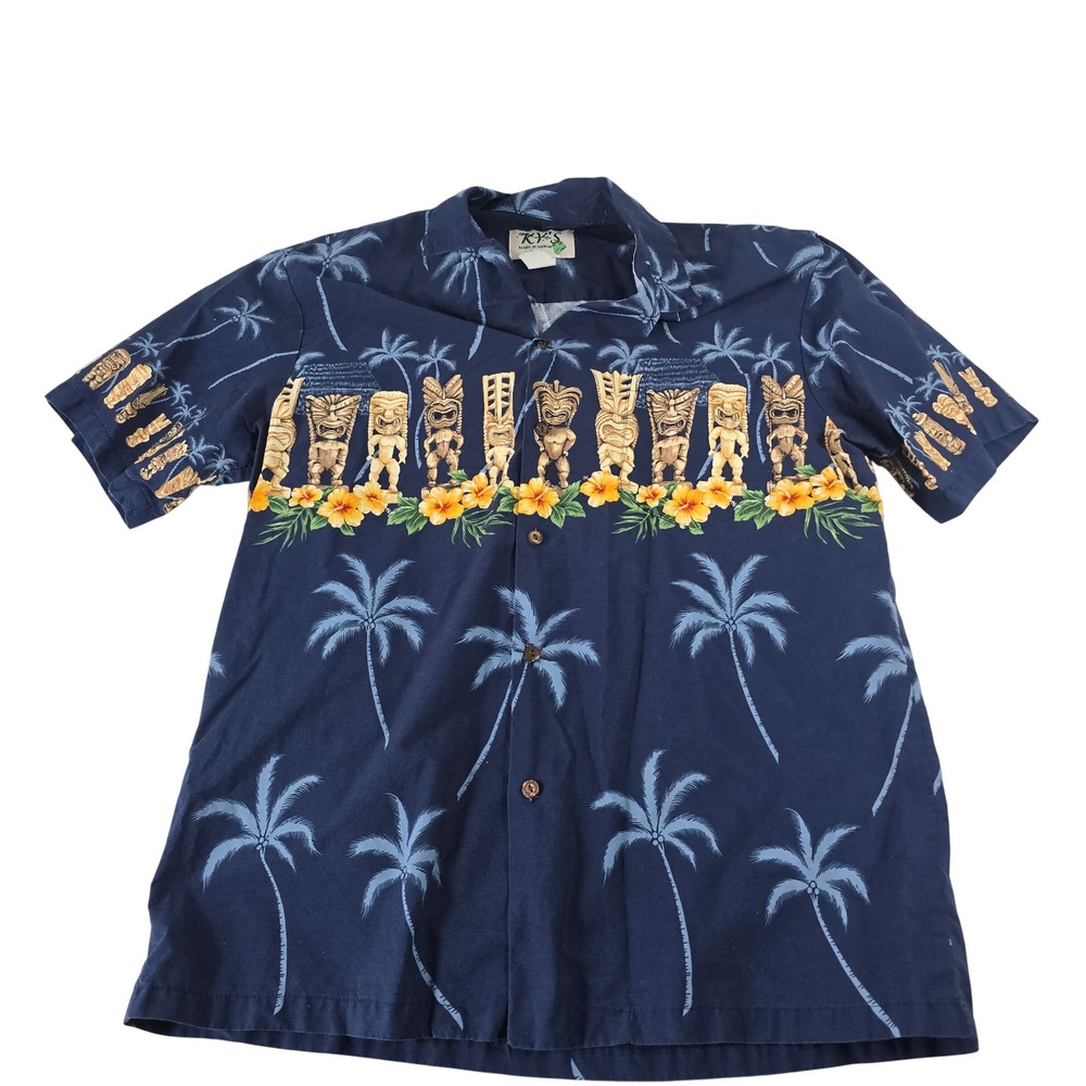 KY'S Hawaii Mens‎ Tiki Statue Palm Tree Hibiscus Cotton Aloha Shirt Navy Blue L